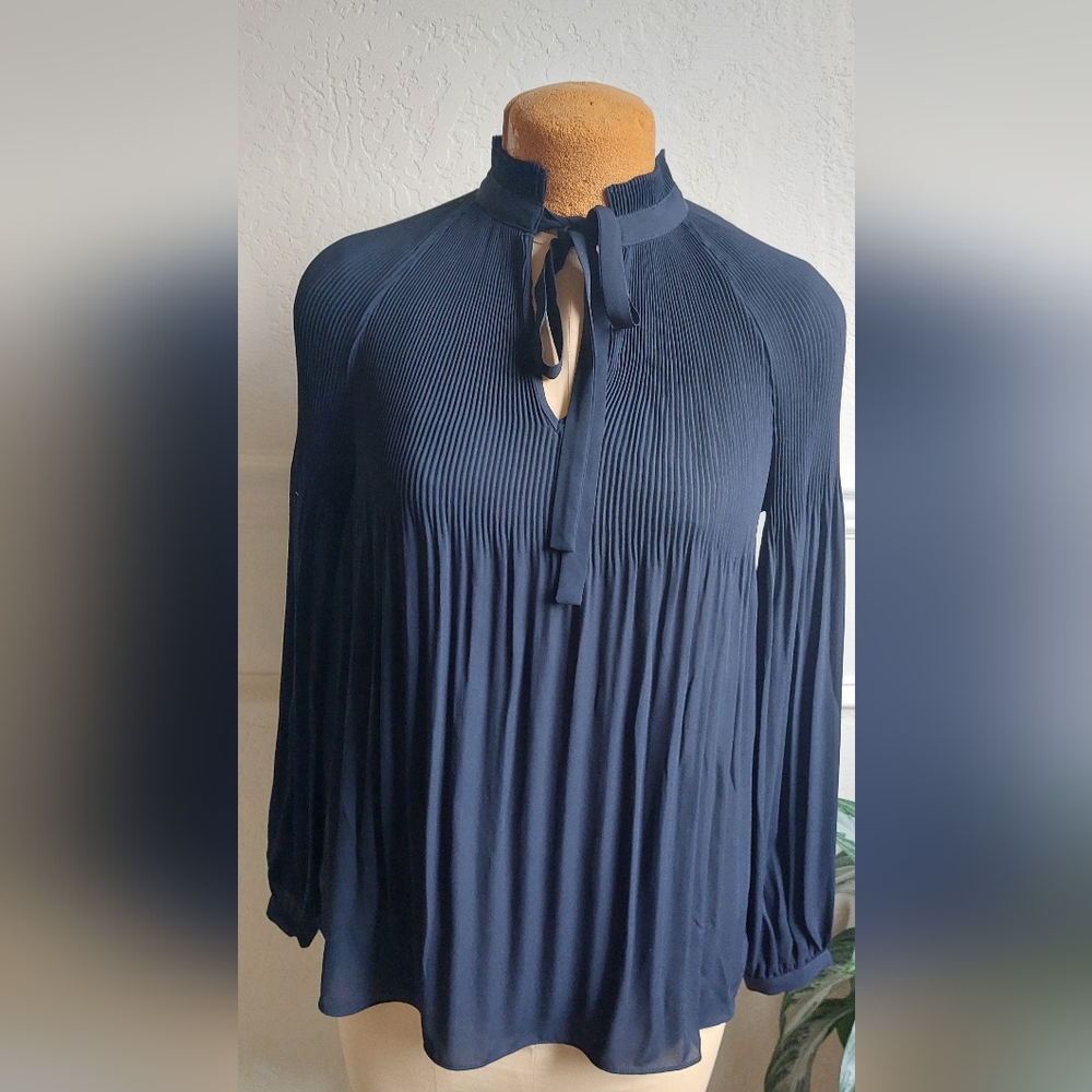 NWTs Ralph Lauren Women’s Navy Pleated Tie-Neck Blouse
